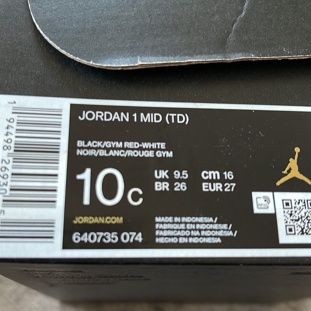 Toddler little kids red and black Jordan 1 mid sneakers size 10C. With box. - Picture 7 of 7